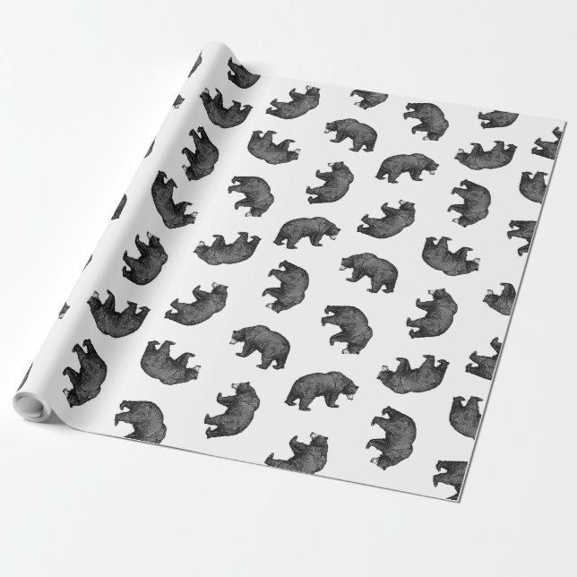 Antique Bears Art Pattern CUSTOM BACKGROUND COLOR Wrapping Paper (Unrolled)