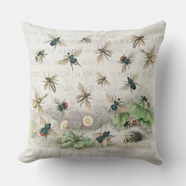 Antique Bee Honey Worker Queen Bees Vintage Outdoor Pillow (Front)