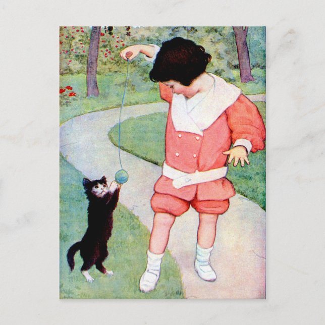 ANTIQUE "BEST FRIENDS" GIRL PLAYS WITH KITTEN POSTCARD (Front)