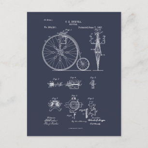 Antique Bicycle 1887 Penny Farthing Patent Drawing Postcard