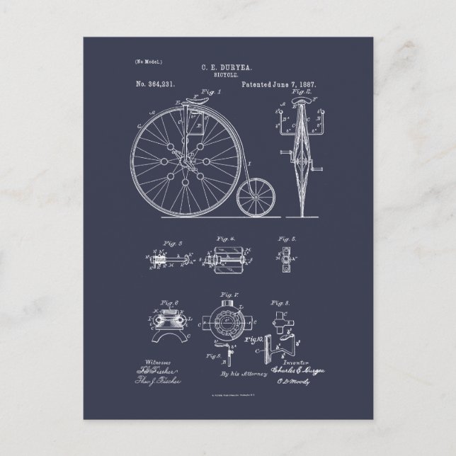 Antique Bicycle 1887 Penny Farthing Patent Drawing Postcard (Front)