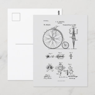 Antique Bicycle 1887 Penny Farthing Patent Drawing Postcard