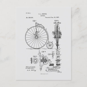 Antique Bicycle 1887 Penny Farthing Patent Drawing Postcard