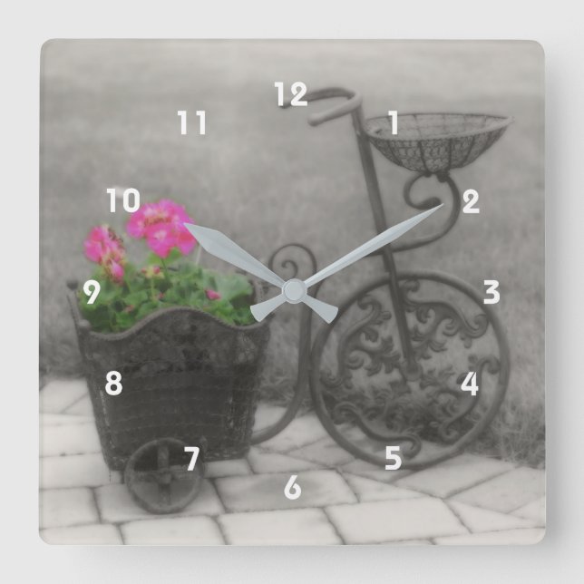Antique Bicycle Flower Holder Square Wall Clock (Front)