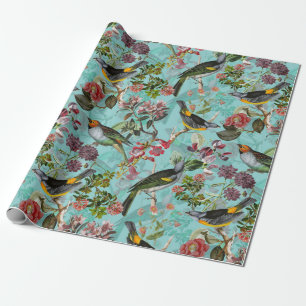Antique Birds and Flowers Pattern on teal Wrapping Paper