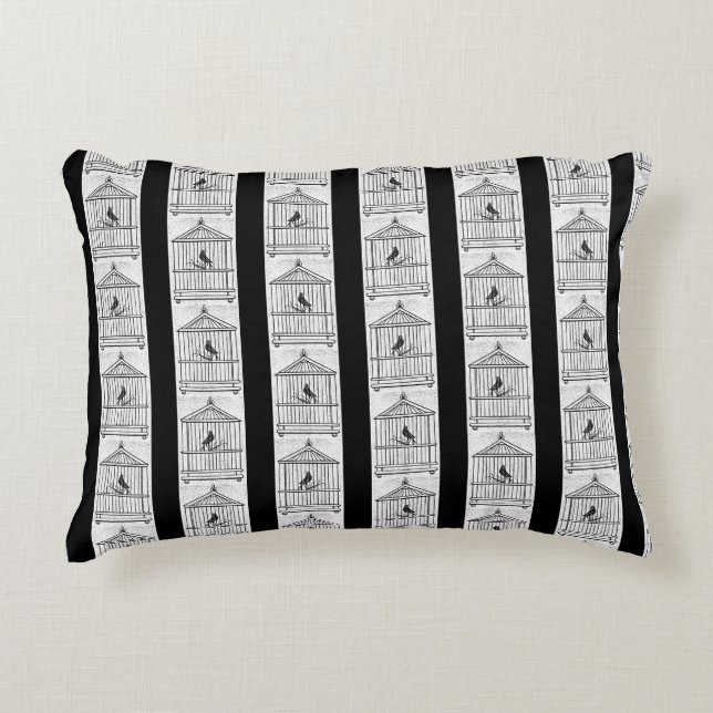 Antique Birds & Birdcages Vintage Black & White Accent Pillow (Front)