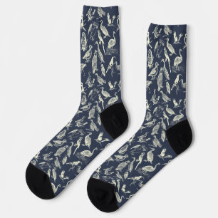 Antique Birds Illustrations Engravings Cream Navy Socks