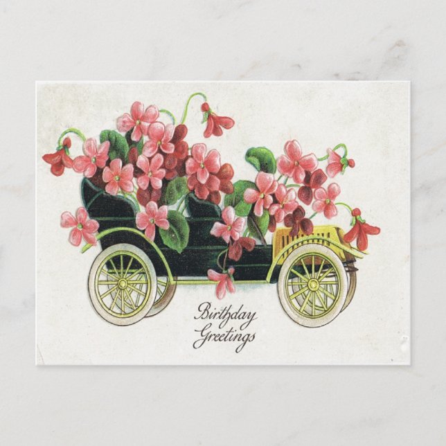 Antique Birthday Post Card-Pink Violet Antique Car Postcard (Front)