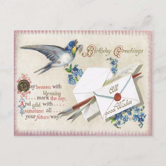 Antique Birthday Post Card-Victorian Blue Flowers Postcard (Front)