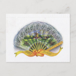 Antique Birthday Post Card-Victorian Fan, Windmill Postcard