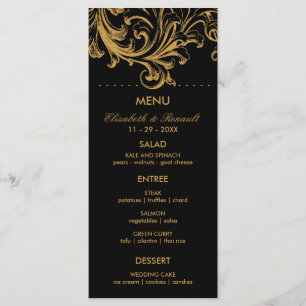 Antique Black and Gold Floral Wedding Menu Card