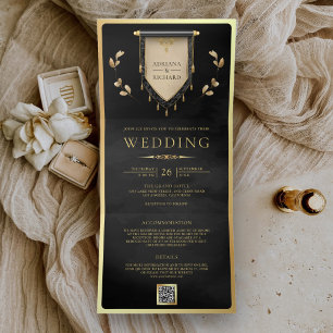 Antique Black Gold Scroll Medieval Wedding Tri-Fold Invitation