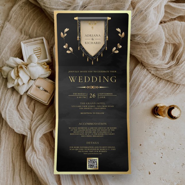 Antique Black Gold Scroll Medieval Wedding Tri-Fold Invitation (Creator Uploaded)
