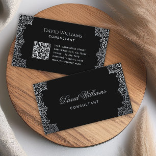 Antique Black Silver QR Code Vintage Ornate Script Business Card