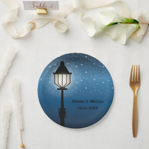 Antique Black Street Lamp At Night & Names Wedding Paper Plate