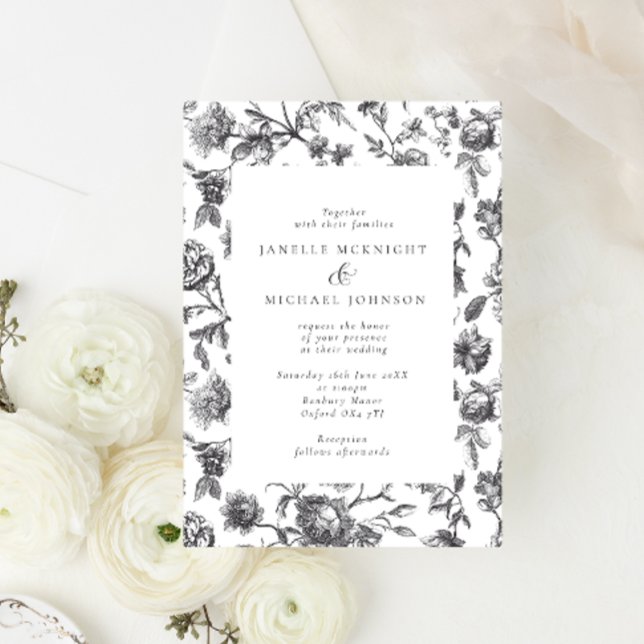 Antique Black & White Floral Toile Wedding  Invitation (Creator Uploaded)