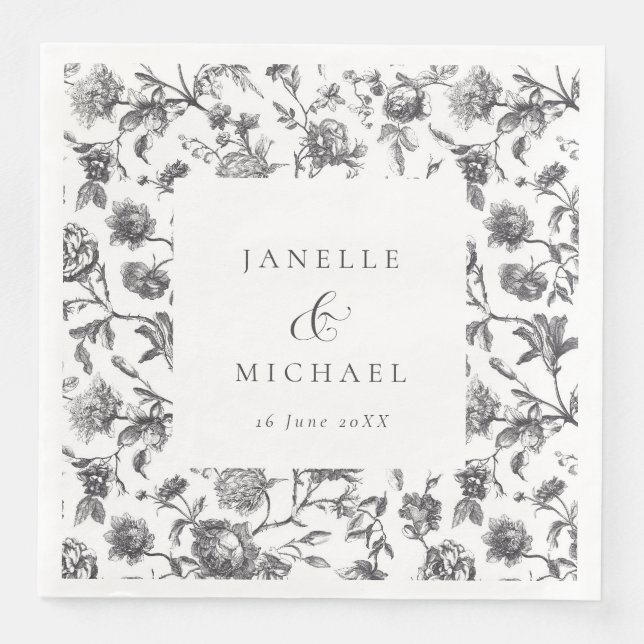 Antique Black & White Floral Toile Wedding  Napkin (Front)