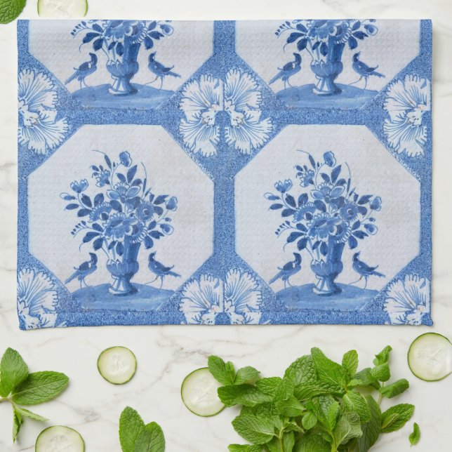 Antique Bleu Oiseaux Delft Floral Serviettes de cu (Plié)