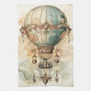 Antique Blue Airship World Map Explorer Kitchen Towel
