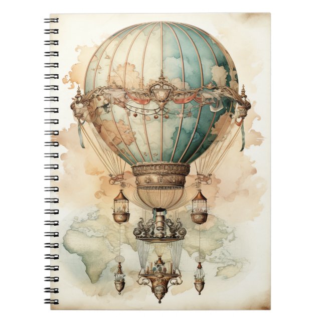 Antique Blue Airship World Map Explorer Notebook (Front)