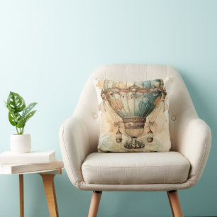 Antique Blue Airship World Map Explorer Throw Pillow