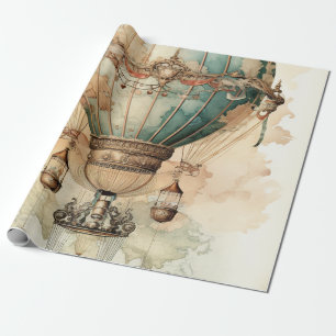Antique Blue Airship World Map Explorer Wrapping Paper