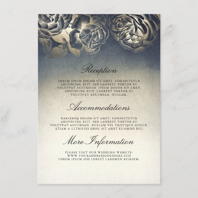 Antique Blue and Gold Wedding Information Guest Enclosure Card (Front)
