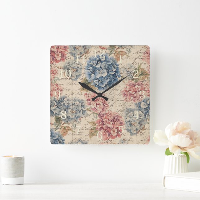 Antique Blue and Pink Hydrangea Ephemera Script  Square Wall Clock (Home)