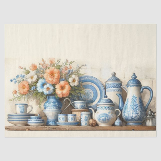 Antique Blue and White Dishes Coffee Pot on Shelf  Tissue Paper (Front)