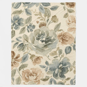 Antique Blue Brown Sage Beige Watercolor Floral Fleece Blanket