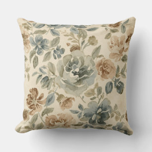 Antique Blue Brown Sage Beige Watercolor Floral Throw Pillow