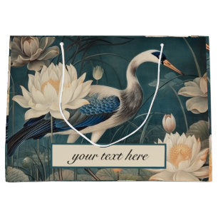 Antique Blue Crane and Lotus Botanical Art Print Large Gift Bag