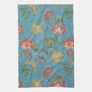 Antique Blue Damask Floral Gold Brocade Design Kitchen Towel