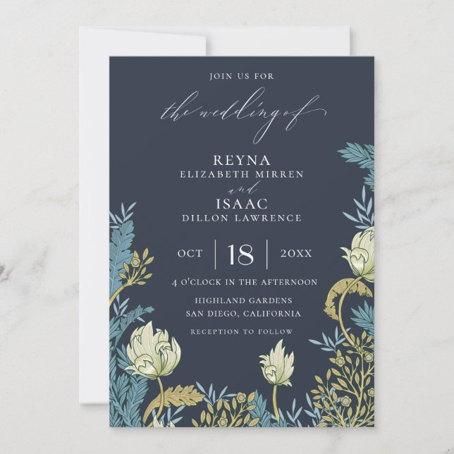 Antique Blue English Floral Wedding Invitation (Front)