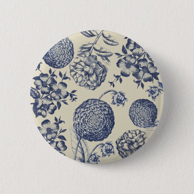 Antique Blue Flower Print Floral 2 Inch Round Button (Front)