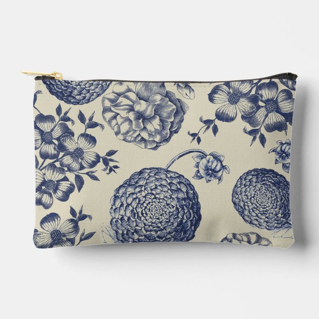 Antique Blue Flower Print Floral Accessory Pouch (Front)