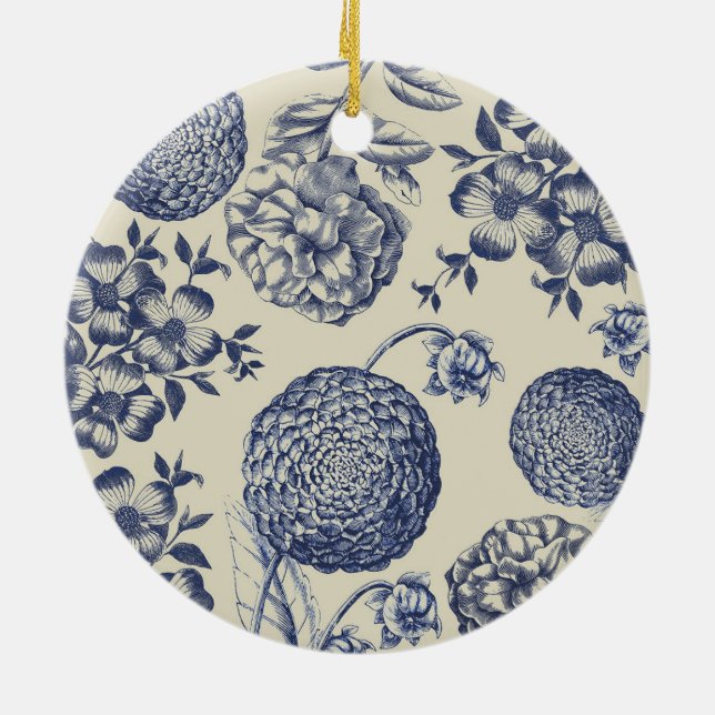 Antique Blue Flower Print Floral Ceramic Ornament (Back)
