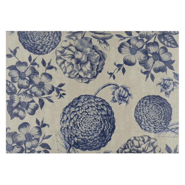 Antique Blue Flower Print Floral Cutting Board (Front)