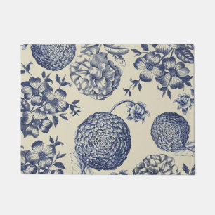 Antique Blue Flower Print Floral Doormat