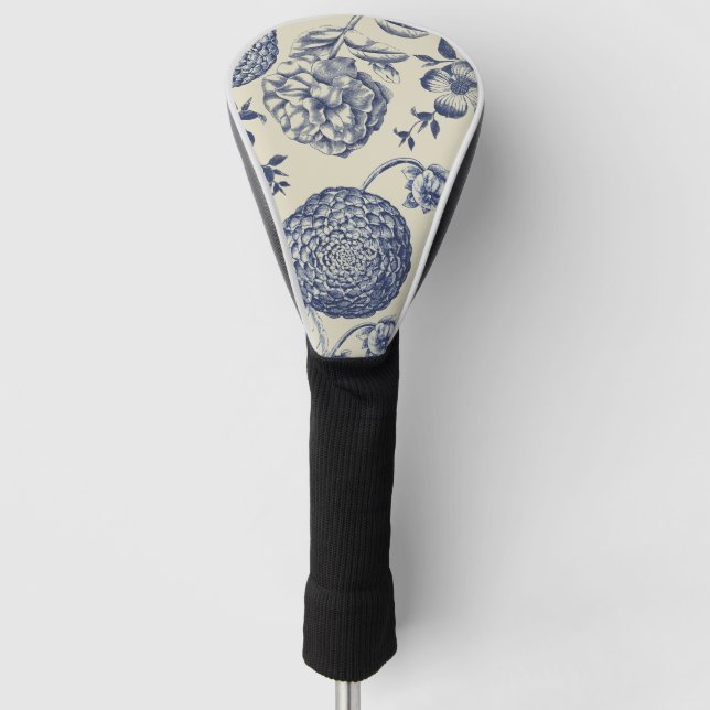 Antique Blue Flower Print Floral Golf Head Cover (Front)