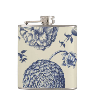 Antique Blue Flower Print Floral Hip Flask