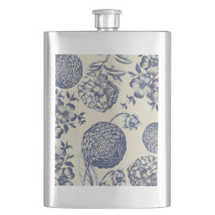 Antique Blue Flower Print Floral Hip Flask