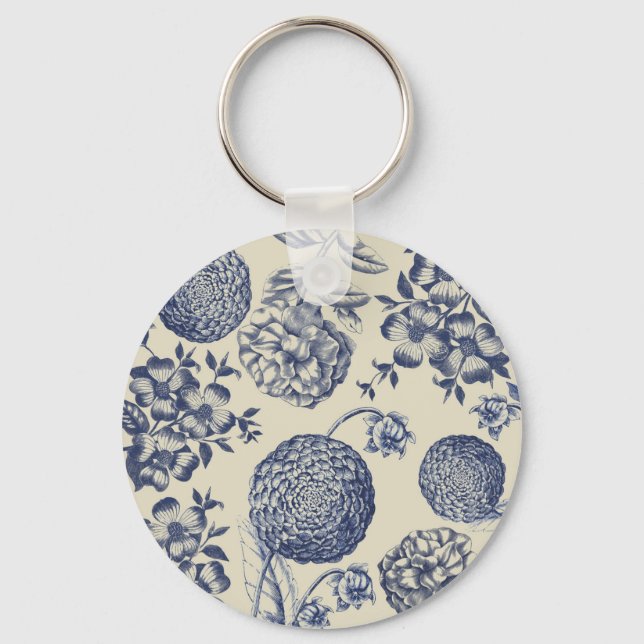 Antique Blue Flower Print Floral Keychain (Front)