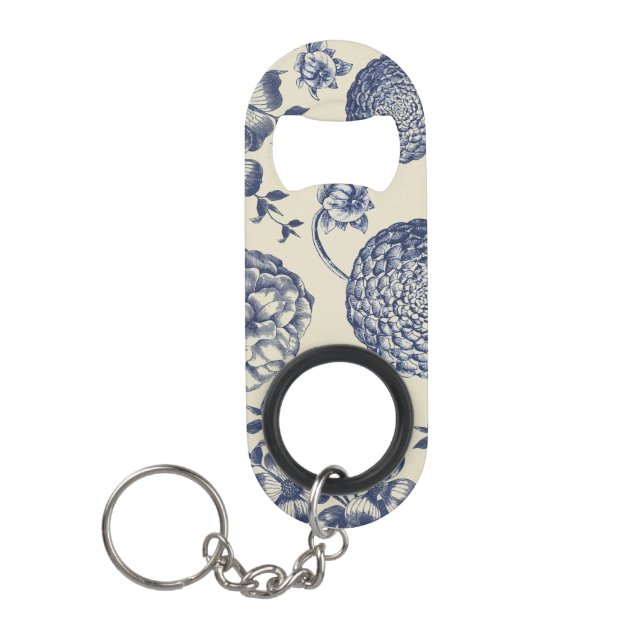 Antique Blue Flower Print Floral Keychain Bottle Opener (Front)