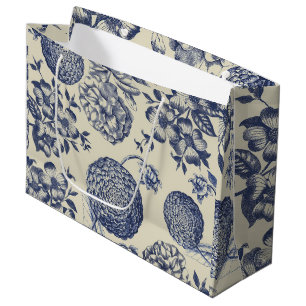 Antique Blue Flower Print Floral Large Gift Bag