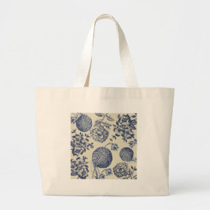 Antique Blue Flower Print Floral Large Tote Bag