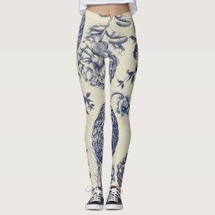 Antique Blue Flower Print Floral Leggings