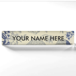 Antique Blue Flower Print Floral Nameplate