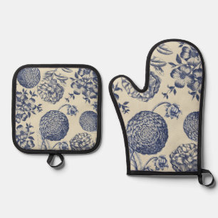 Antique Blue Flower Print Floral Oven Mitt & Pot Holder Set