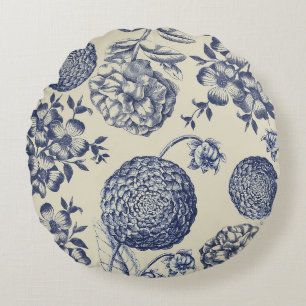 Antique Blue Flower Print Floral Round Pillow